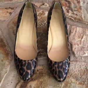 J Crew Martina brown and black leopard animal print leather wedge heels size 8